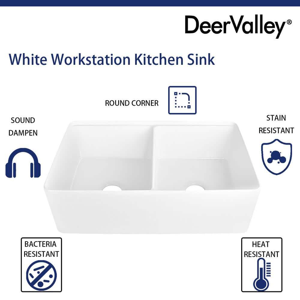 DeerValley 33" L X 20" W Double Basin Workstation Farmhouse Kitchen Sink With Sink Grid, Cutting Board And Dish-Drying Rack