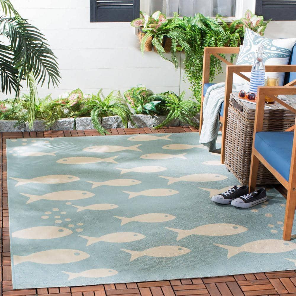SAFAVIEH Courtyard Trena Fish Print Indoor/Outdoor Area Rug, 2'7" x 5', Aqua/Beige