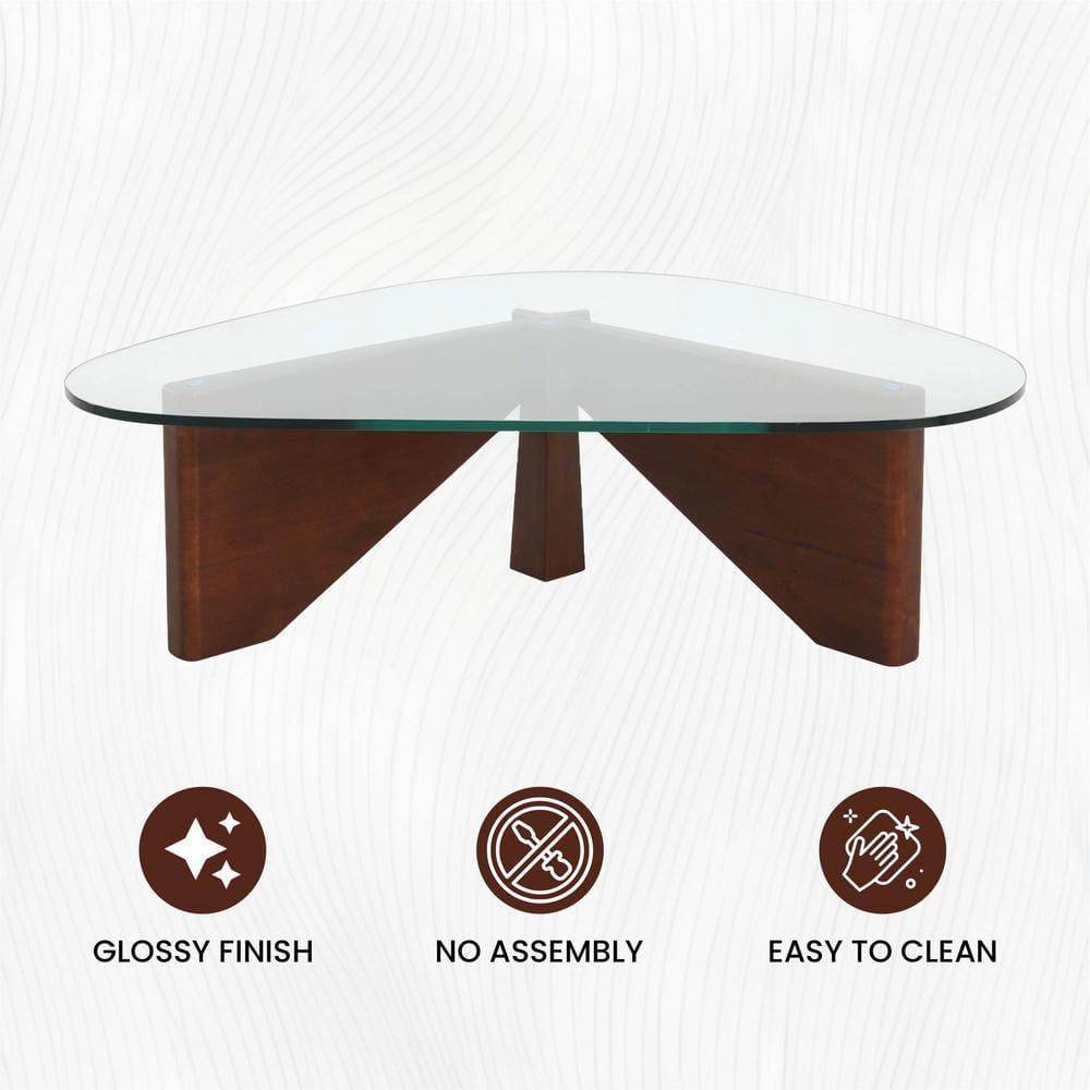 LeisureMod Imperial Collection Triangular Glass Top Coffee Table with Glossy Ash Wood Base for Home, Living Room, Office