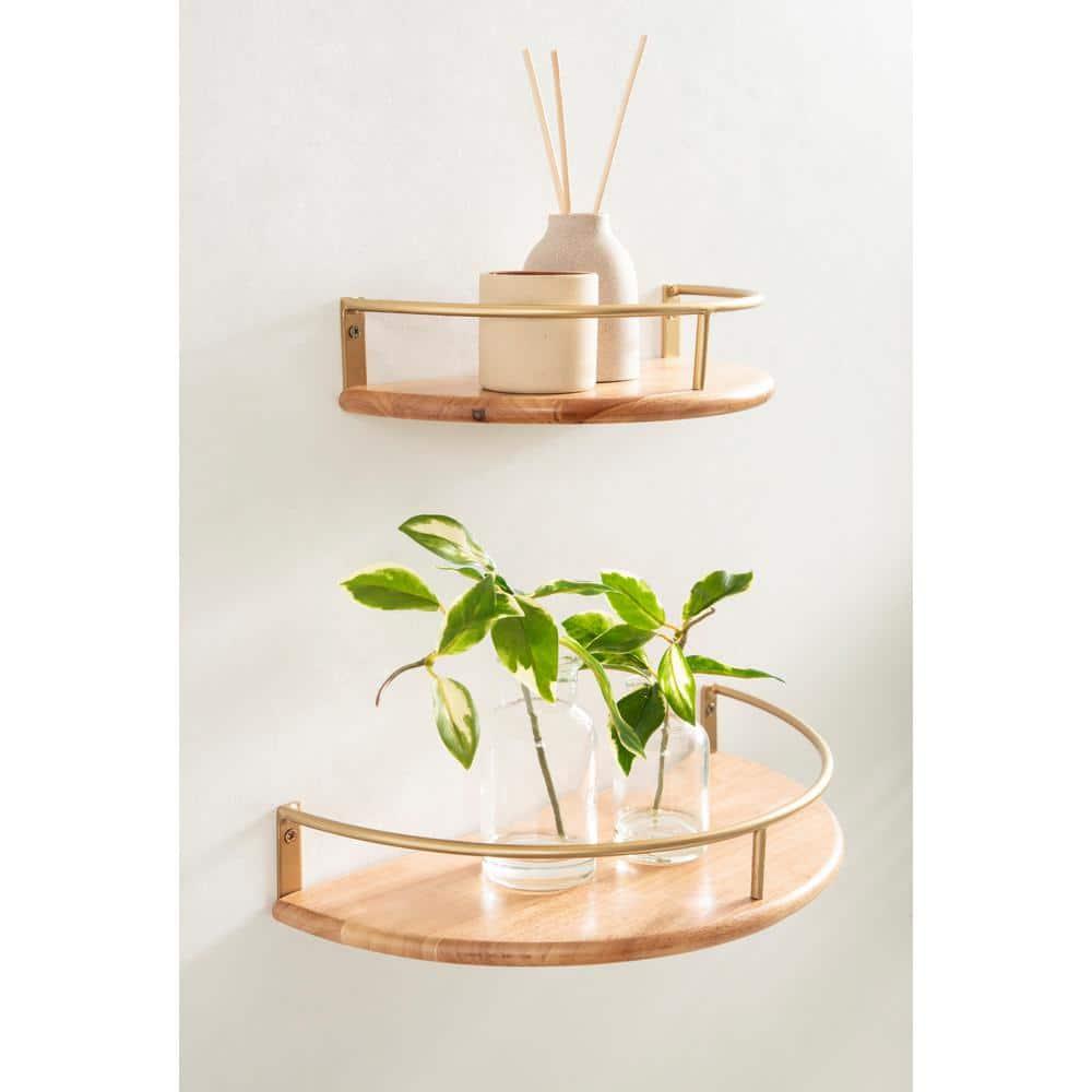 Kate and Laurel Camryn Half Circle Wood Floating Shelf, 2 Piece, Natural and Gold