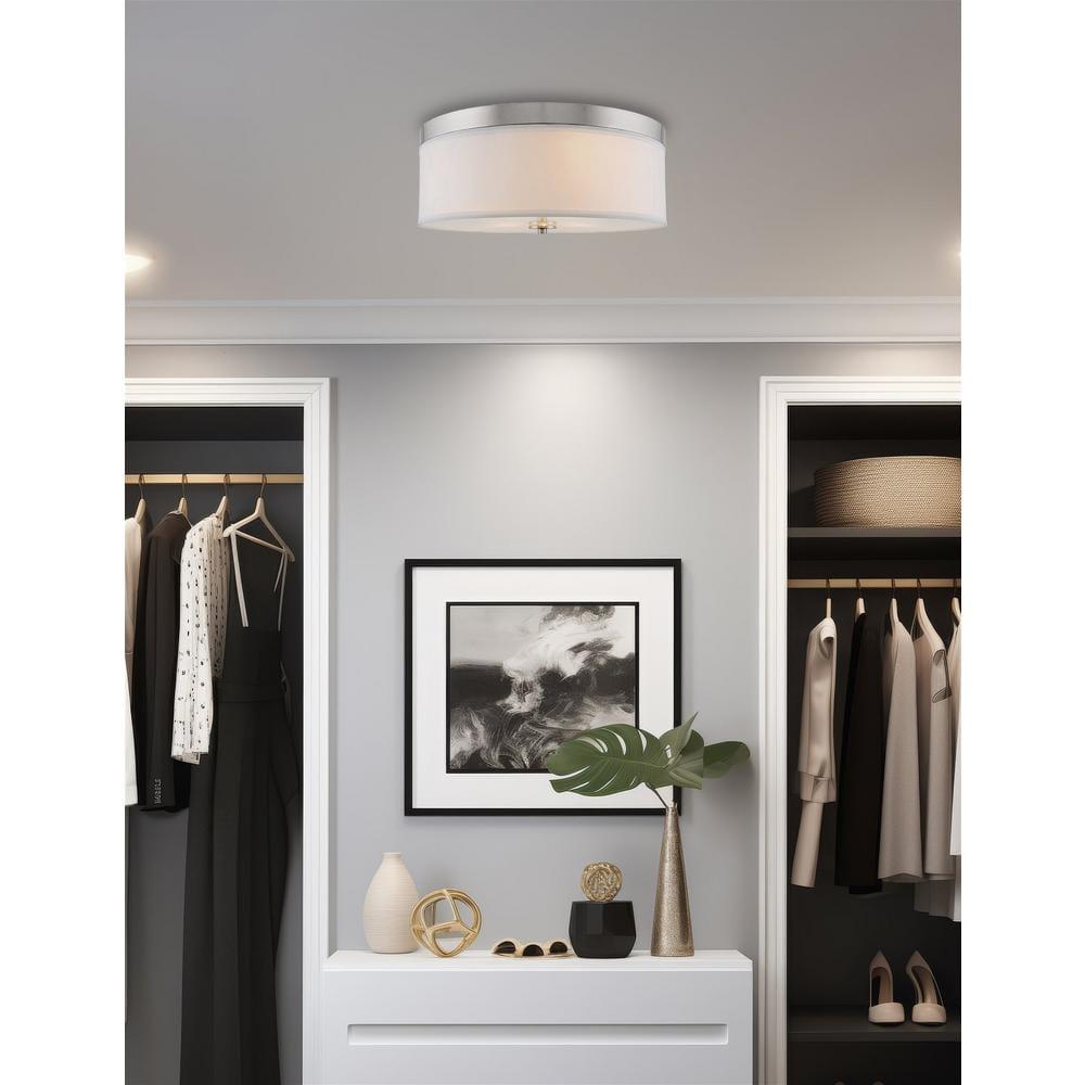 Kira Home Walker 15" 3-Light Flush Mount Ceiling Light, White Fabric Shade + Round Glass Diffuser, Brushed Nickel