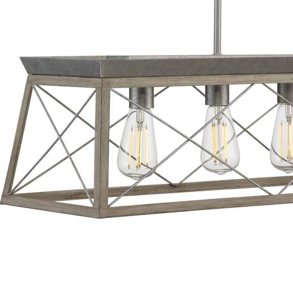 Progress Lighting Briarwood 5-Light Linear Chandelier, Galvanized Finish, Steel Material, Faux-Painted Wood Enclosure