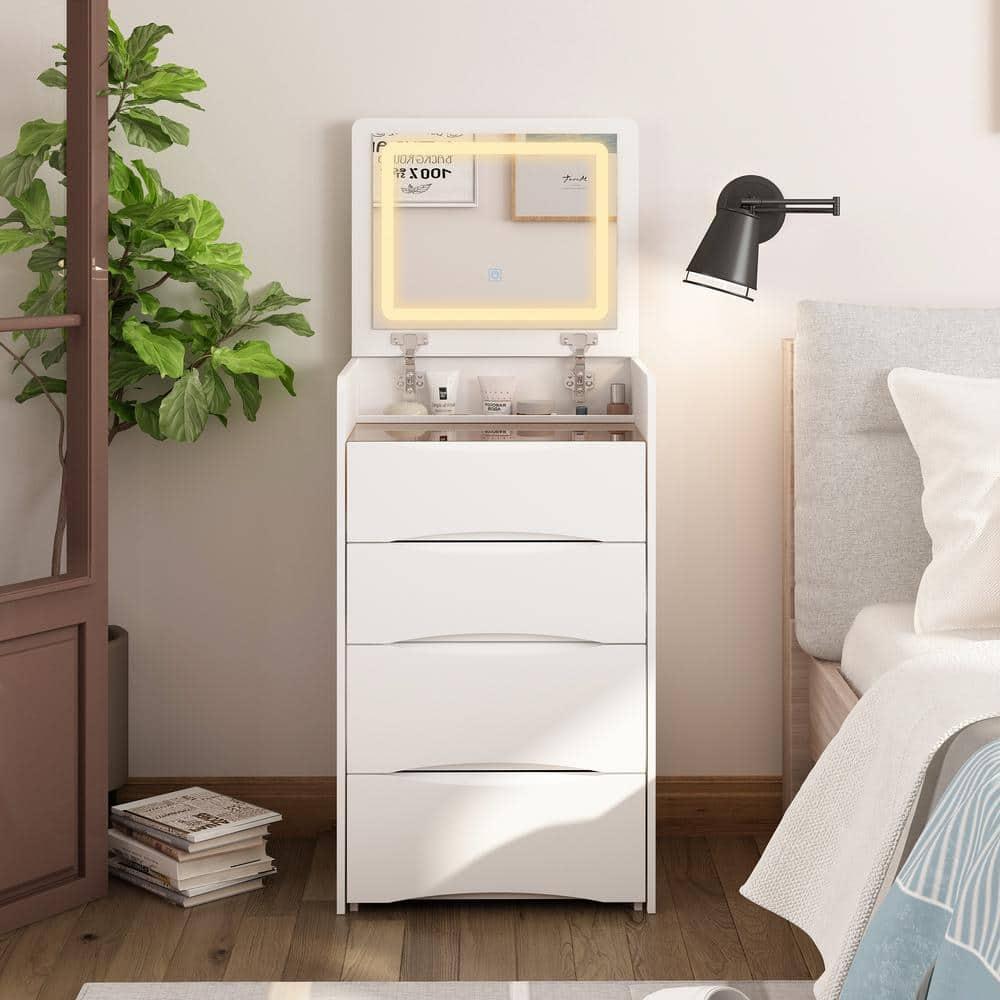 Joqixon Vanity Desk with Flip Top Mirror and Lights, Makeup Vanity Set with Glass Shelf, Space Saving Dressing Table with 3 Drawers & Cushion Stool for Bedroom, White