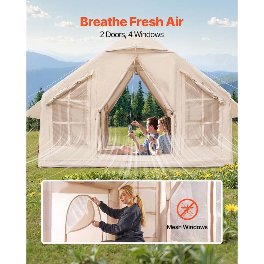 VEVOR Inflatable Tents for Camping, 4-6 Person Easy Setup Blow up Tent with Hand Pump,300D Oxford 4 Season Glamping Tent with Stove Jack 2 Doors & 4 Mesh Windows,Storage Bag Included for Easy Taking