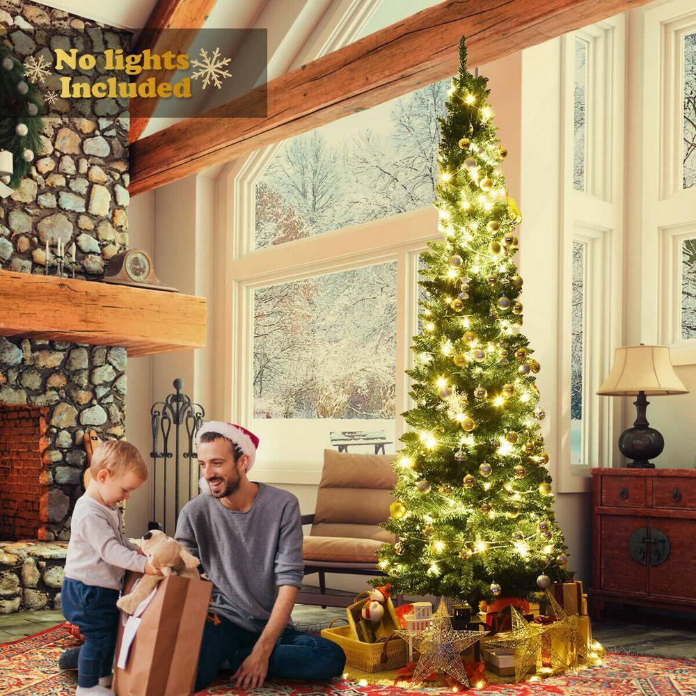 Costway 9Ft PVC Artificial Pencil Christmas Tree Slim Stand Green