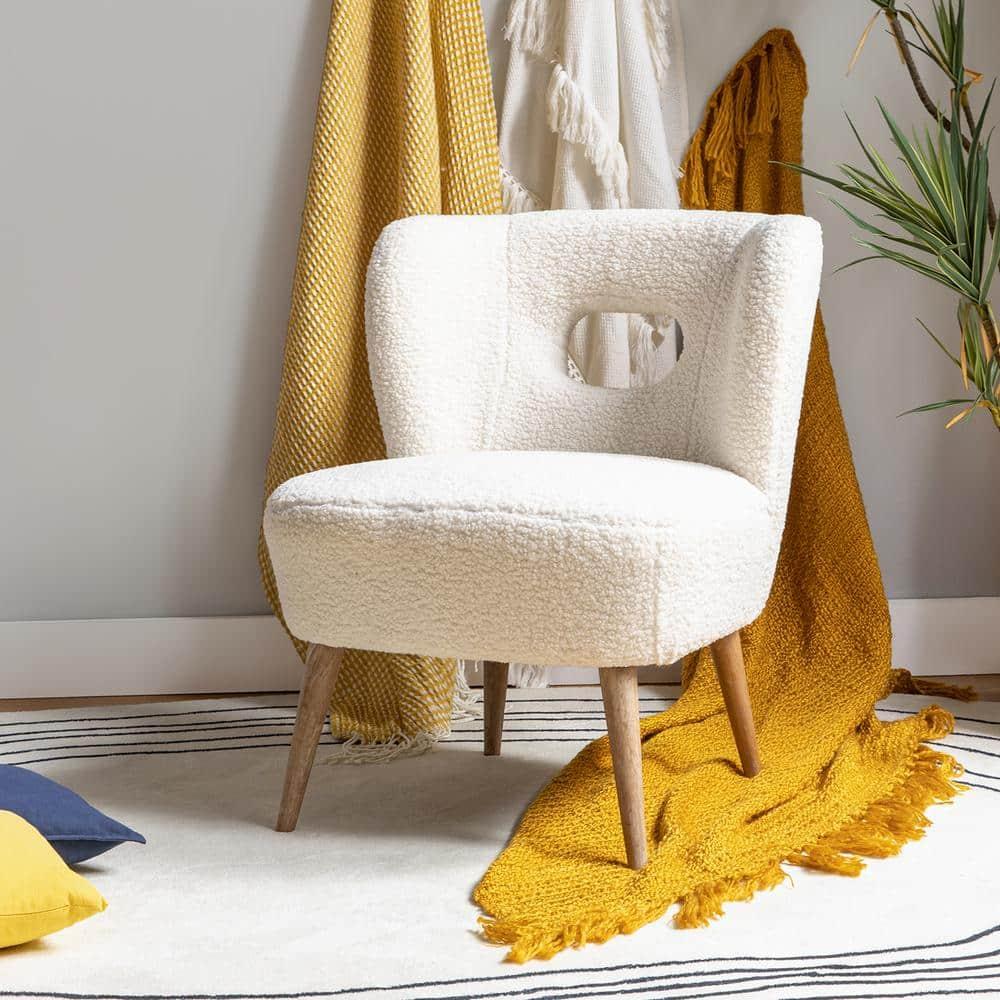 Upholstered Sherpa Barrel Accent Chair White Cutout Back Armless Wooden Legs Home Bedroom Living Room Office Adult Ivory