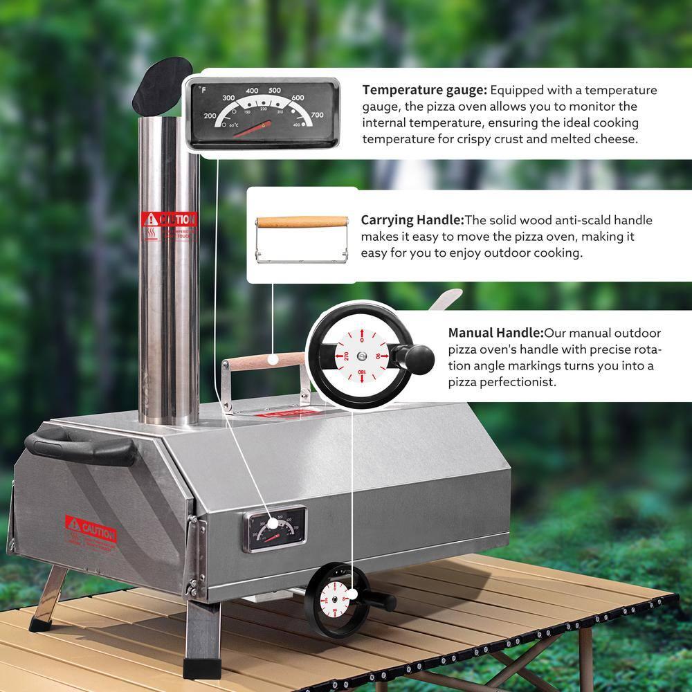 Enyopro 12" Semi-Automatic Outdoor Pizza Oven, Portable Wood-Fired Pizza Maker with Manual Rotating Turntable, Temperature Gauge for Stone-Baked Pizzas, Steak, Bread, Garden & Outdoor Use