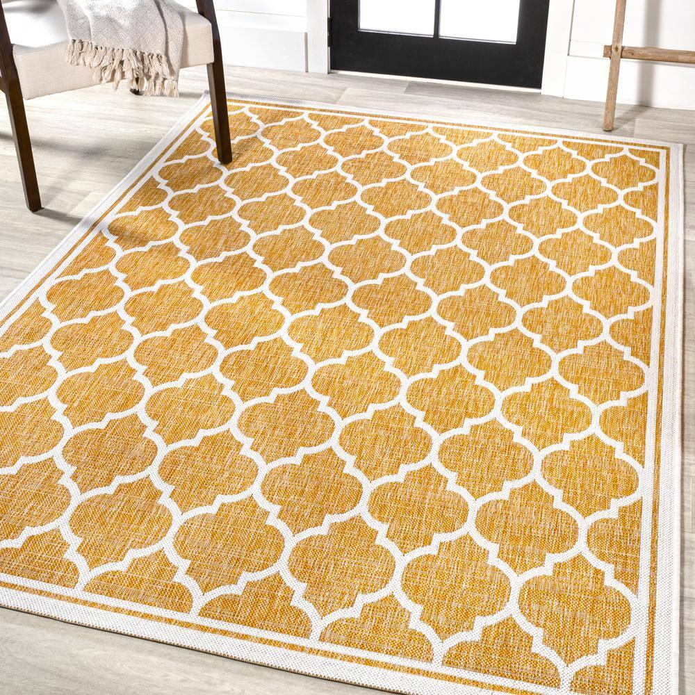 9' x 12' Trebol Moroccan Trellis Textured Weave Indoor/Outdoor Area Rug, Yellow/Cream - JONATHAN Y