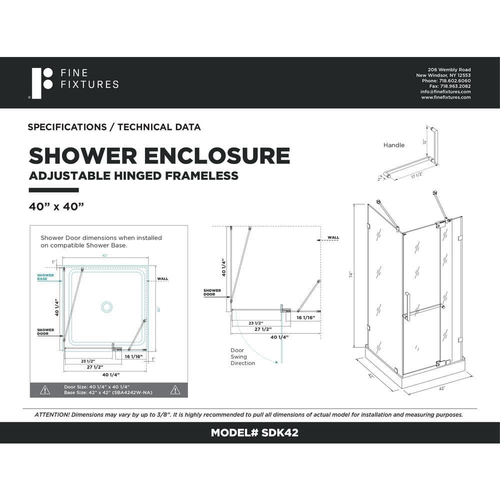Frameless Shower Enclosure Hinged Tempered Glass - 40" W x 40" D x 74" H