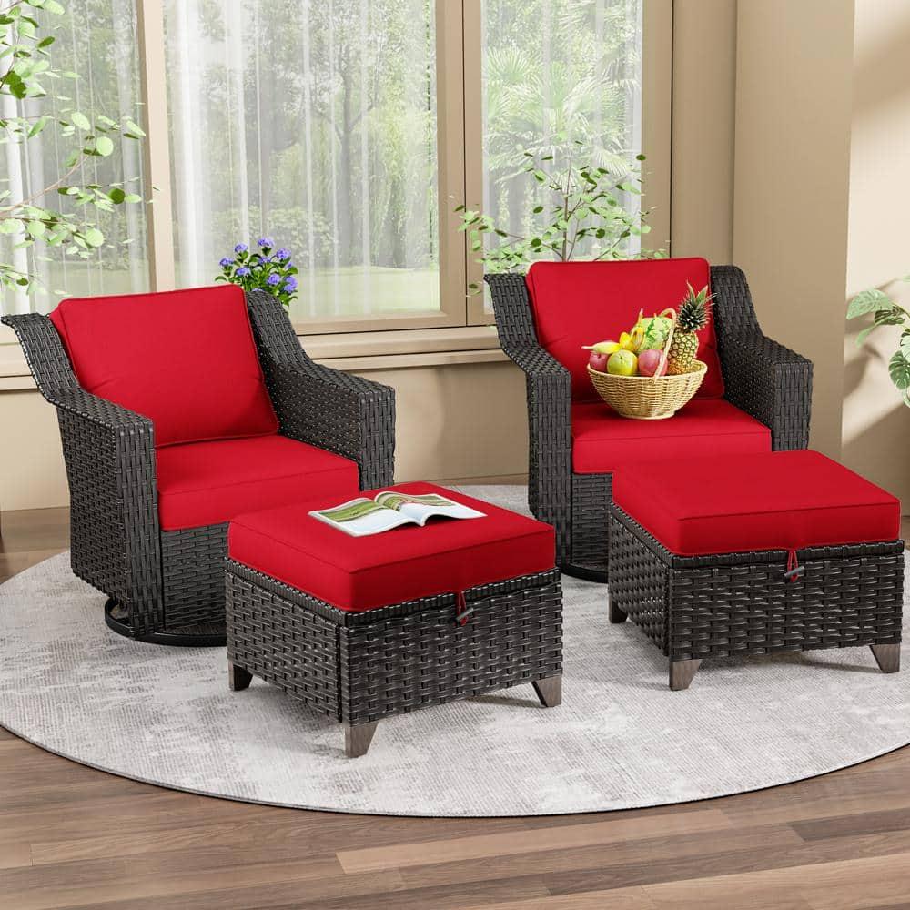 MeetLeisure 4 Pieces Outdoor Patio Furniture Set，Including 2 Swivel Rocking Chairs with 2 Ottomans,Red