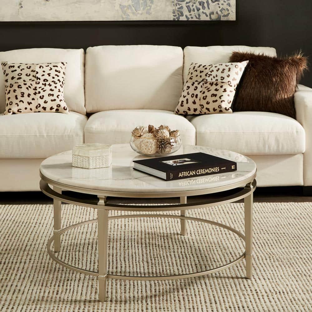 Weston Home Timo Champagne Silver Finish Round Marble Top Coffee Table
