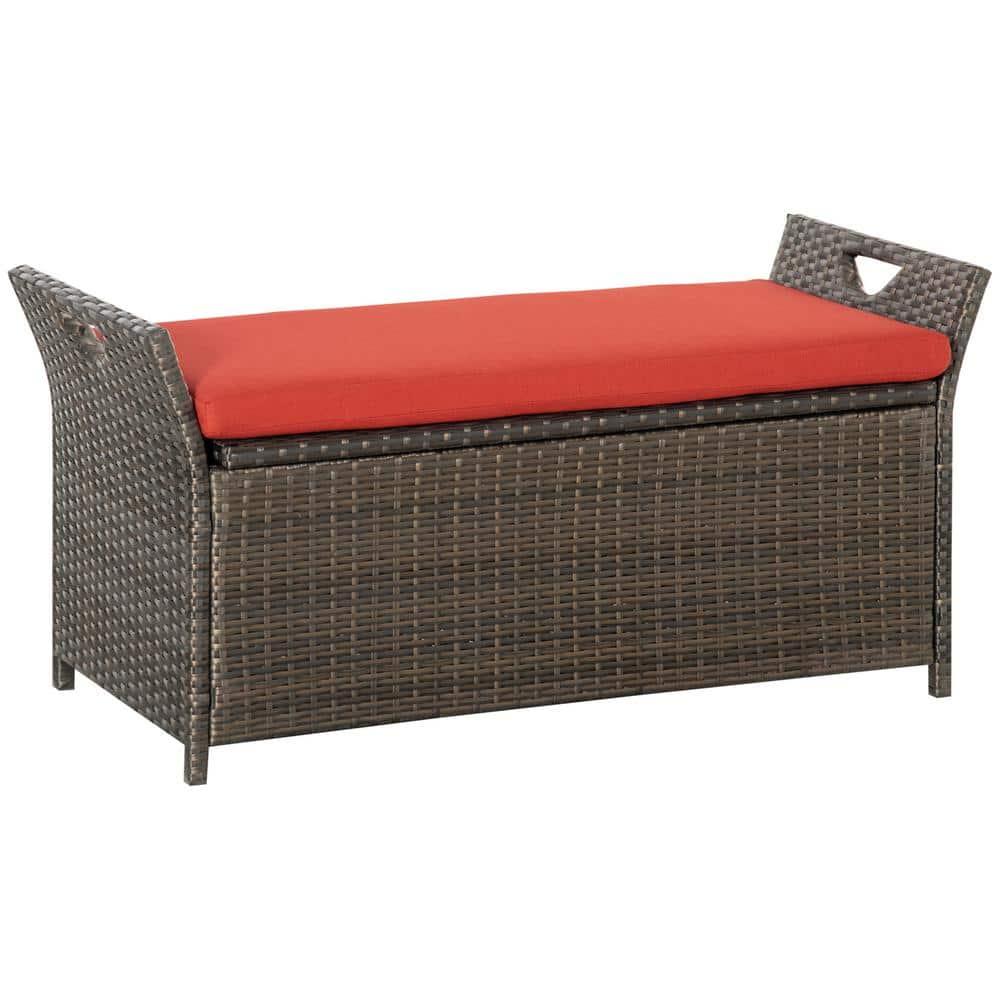 Outsunny 27 Gallon Patio Wicker Storage Bench, Outdoor PE Rattan Patio Furniture, 2-In-1 Footstool Rectangle Basket Box w/ Handles & Cushion, Red