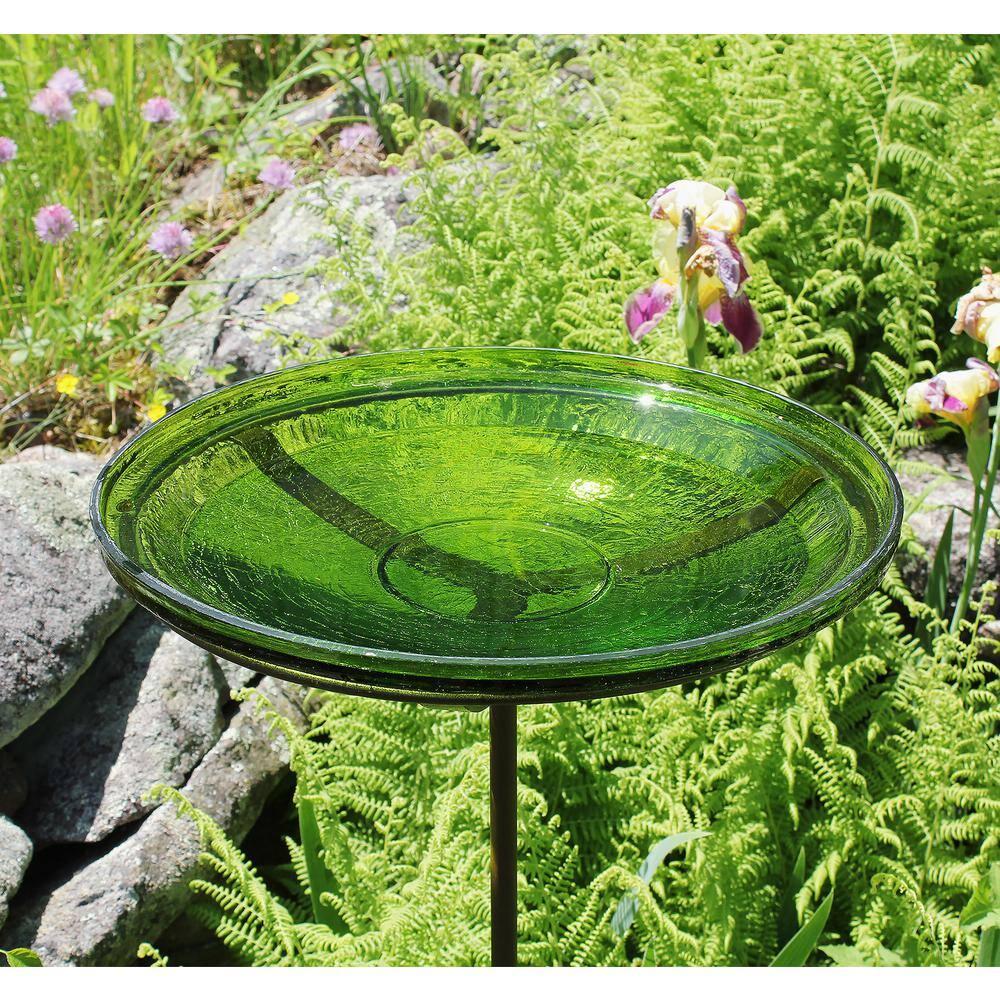 Winston Porter Crackle Glass Birdbath Bowl with Stake, 14-in