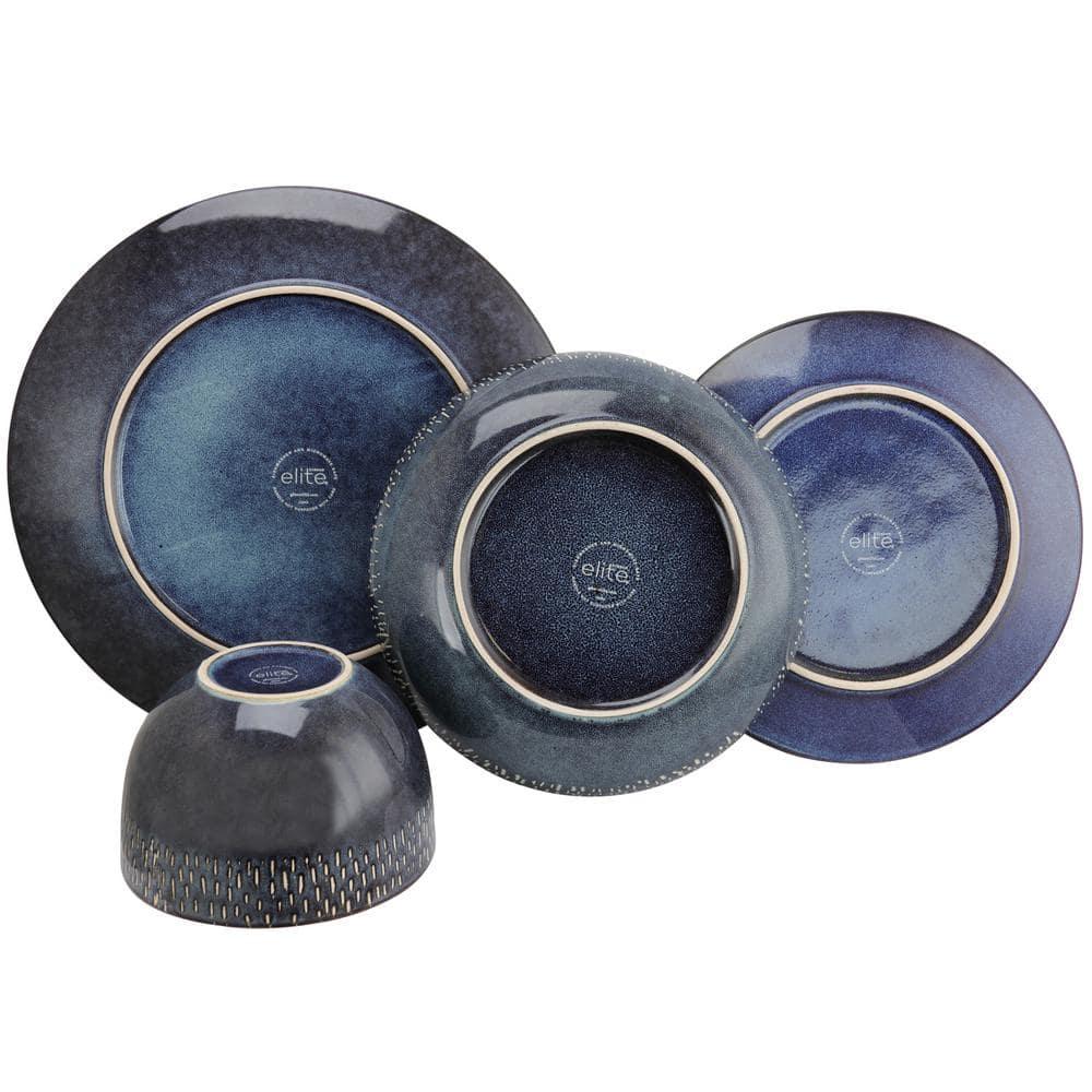 Gibson Elite 16pc Stoneware Matisse Double Bowl Dinnerware Set: Cobalt Blue, Microwave & Dishwasher-Safe Dish Set