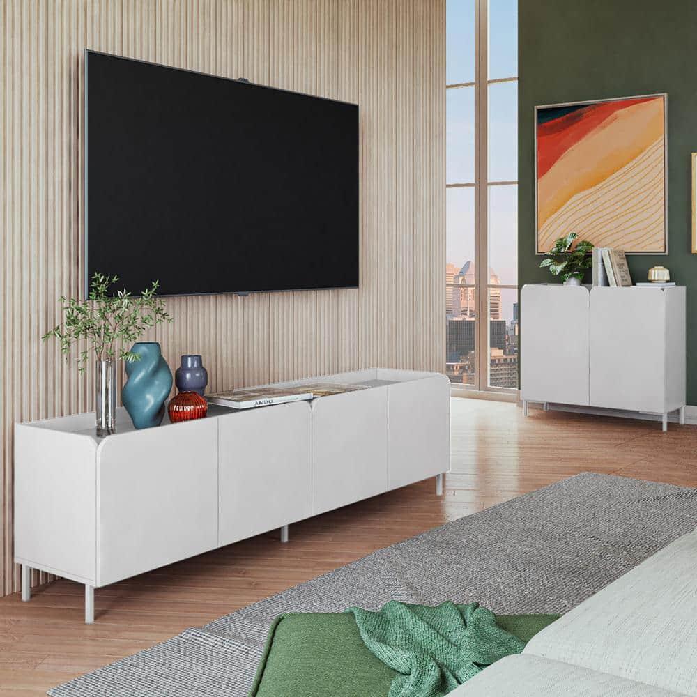 Manhattan Comfort 2pc Bogardus TV Stand for TVs up to 65" and 2 Door Accent Cabinet Set White: Mid-Century Modern, Particle Board Construction