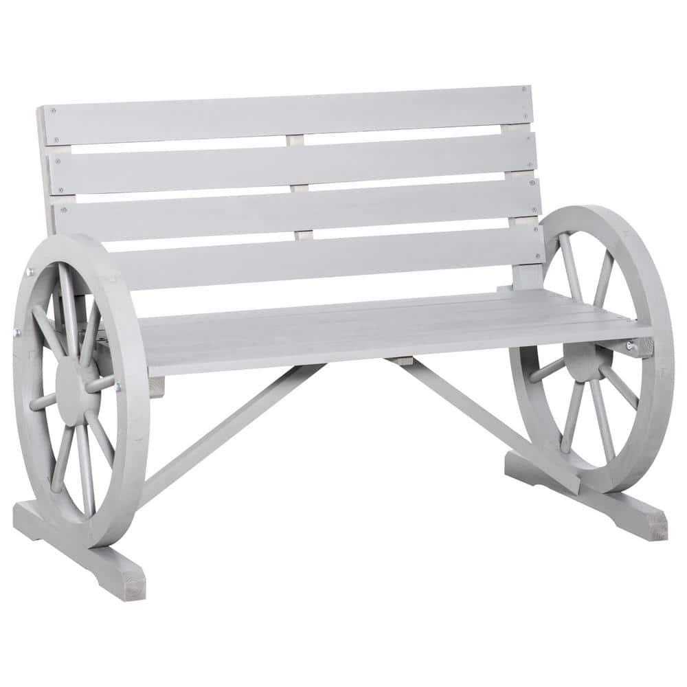 Outsunny Wooden Wagon Wheel Bench Rustic Outdoor Patio Furniture, 2-Person Seat Bench with Backrest Charcoal Gray