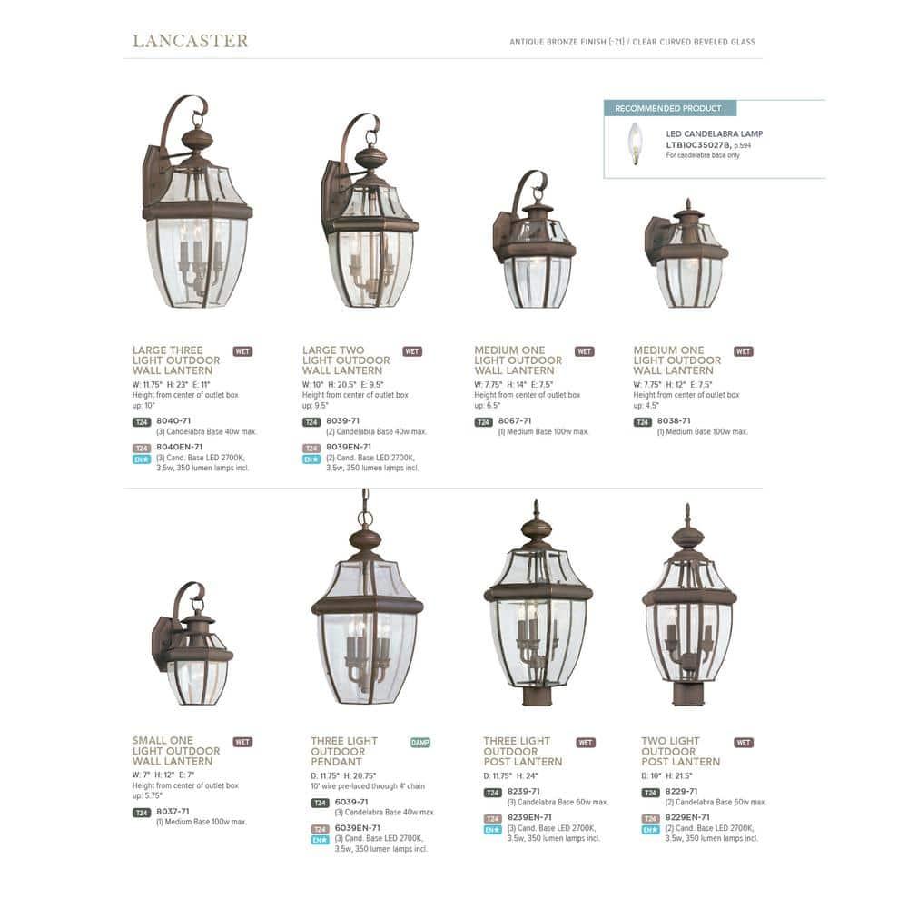 Sea Gull Lighting 8229-71, Lancaster Solid Brass Outdoor Post Lighting, 0.12W, Antique Bronze, 21.5'' Height