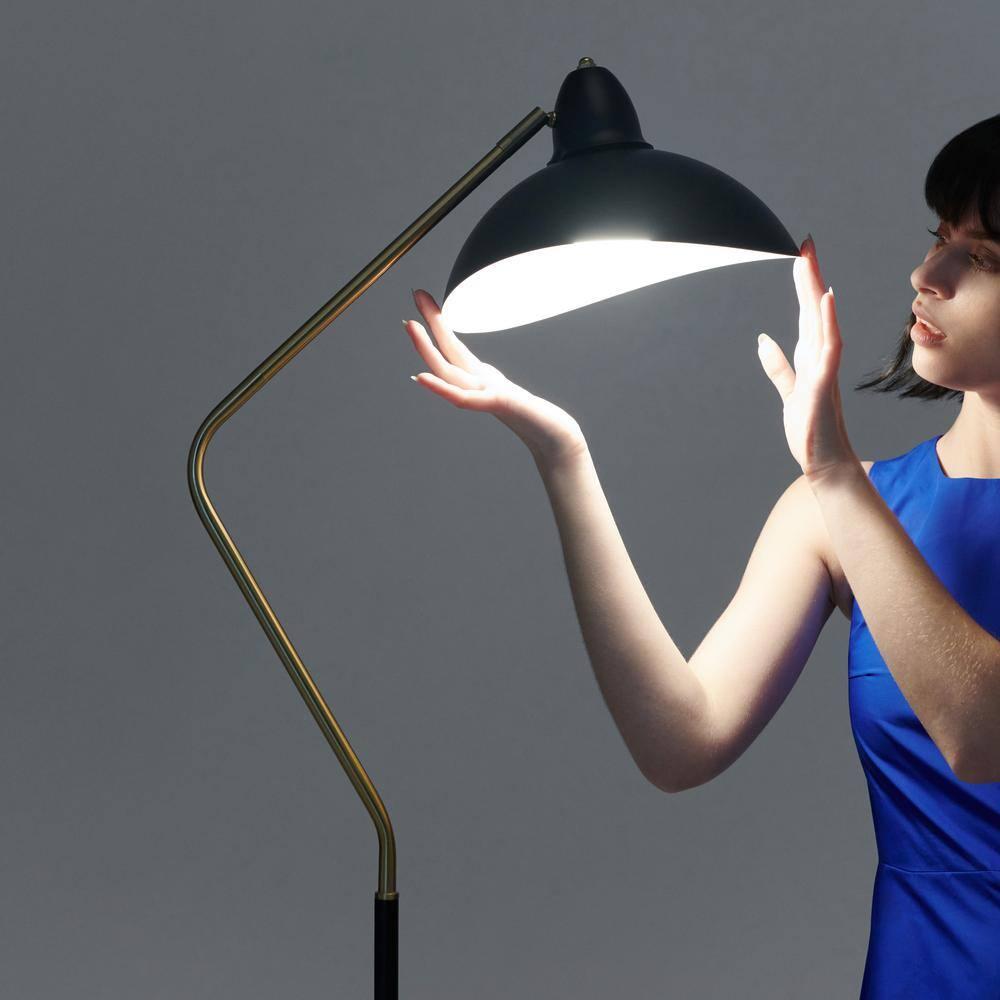 Brightech Swoop 69 in. Mid Century Modern Adjustable Curved Black Standing Lamp with Metal Bowl Shade and Gold Finish - LED Bulb Included