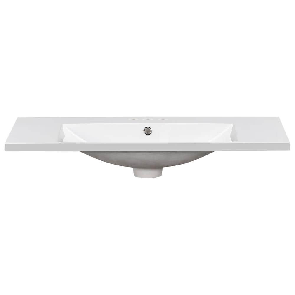 36" Countertop Bathroom Sink, Resin Bathroom Sink With Faucet Holes, Bathroom Vessel Sink, Stain-Resistant Countertop Basin, White