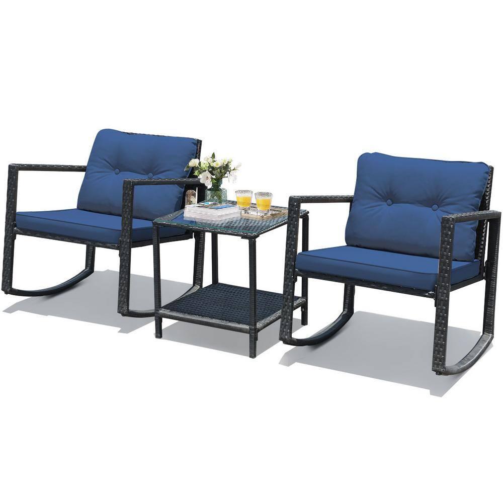 Spaco 3 Piece Rocking Bistro Set with Cushioned Sofa , Outdoor Furniture with Rocker Chairs and Coffee Table Set of 3, Balcony, Porch Furniture for Small Space, Navy