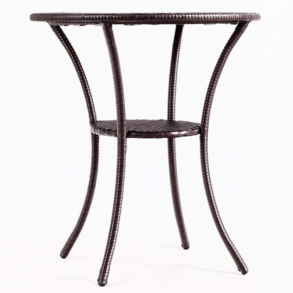 Tangkula Outdoor Side Table with Storage PE Wicker Patio Bistro Table with Tempered Glass Tabletop