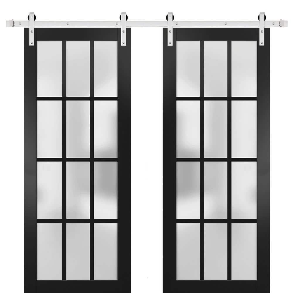Sturdy Double Barn Door with Frosted Glass 12 Lites | Felicia 3312 Matte Black | 13FT Rail Hangers Heavy Set | Solid Panel Interior Doors-36" x 84" (2* 18x84)-Silver Rail