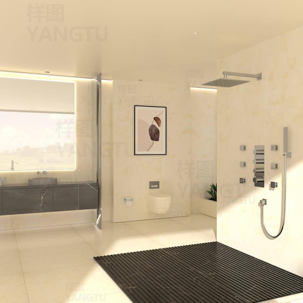 3-Function LED Light Thermostatic Rainfall Shower System with 6 Body Jets and Rough-in Valve