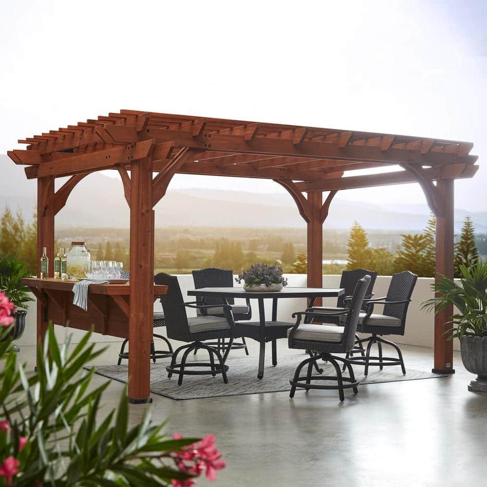 Ashland 14 ft x 10 ft Brown Cedar Wood Outdoor Pergola with Bar