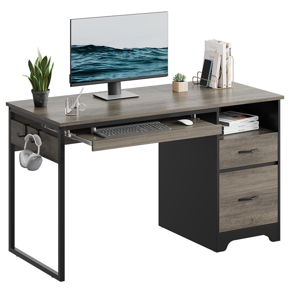 Bestier 48” Office Desk with Drawers, Computer Writing Desk with Keyboard Tray & 2 Hooks for Home Office, Gray