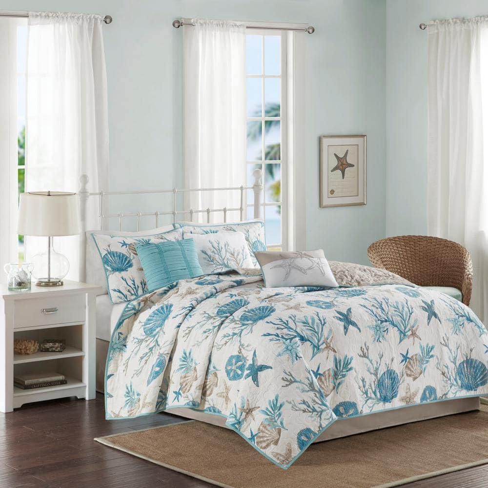 Madison Park Pebble Beach Cotton Sateen 210 TC Reversible 6 Piece Quilt Set with Throw Pillows