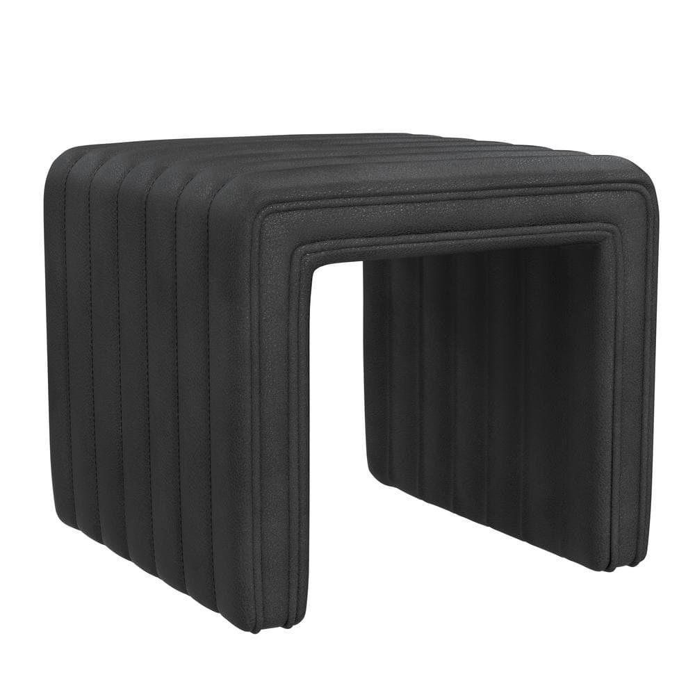 HomePop Modern Channel Faux Leather Ottoman Black: Upholstered Square Bench, No Assembly Required