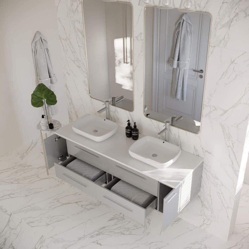 Fresca Lucera 60" Wall Mount Double Sink Modern Bathroom Vanity with Top and Vessel Sinks