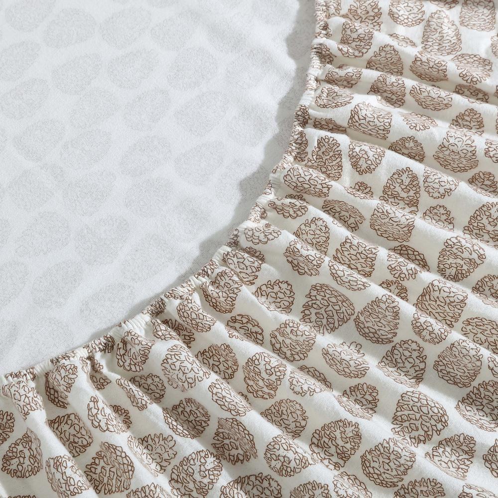 Beige Cotton Flannel Twin Sheet Set with Pine Cone Print