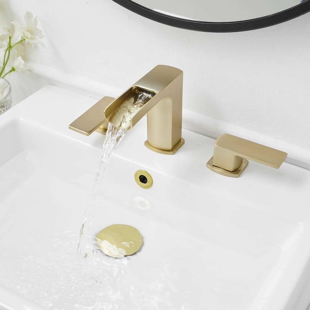 BWE Waterfall 8 in. Widespread Double Handle Bath Faucet Set 3 Holes Vanity Sink With Metal Drain