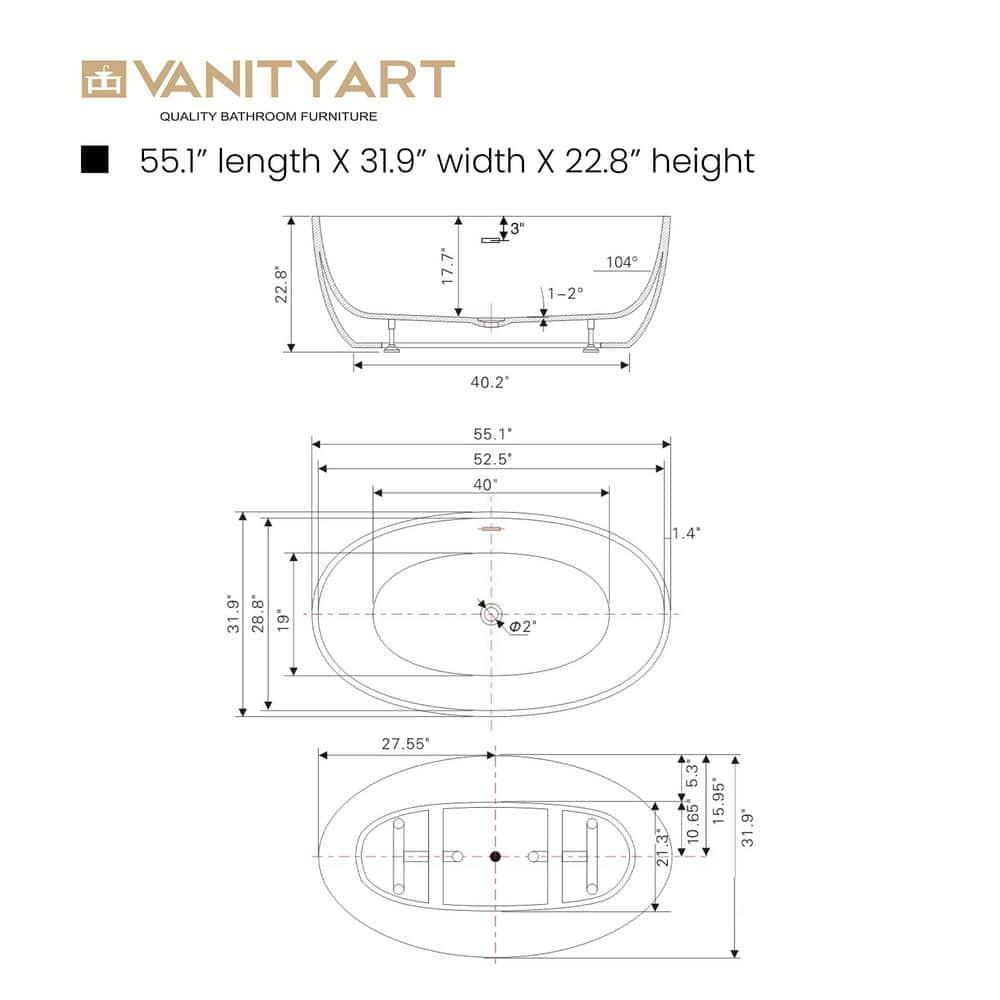 Vanity Art Freestanding Soaking Acrylic Bathtub VA6834-BN-S