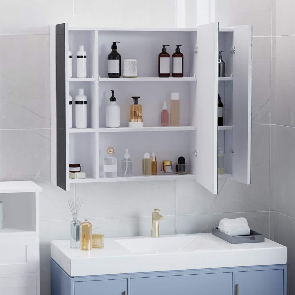 kleankin LED Medicine Cabinet, Wall-Mounted Bathroom Vanity Mirror Organizer with Dimmer Touch Switch, Three Doors, and USB Charged, White