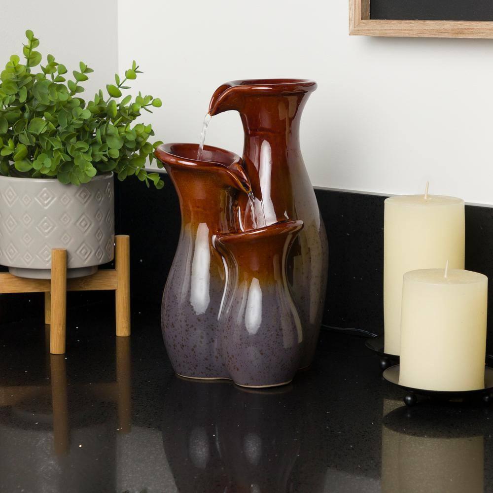 Alpine Corporation 11"H Indoor Tiered Glossy Ceramic Vase Tabletop Fountain, Brown/Gray