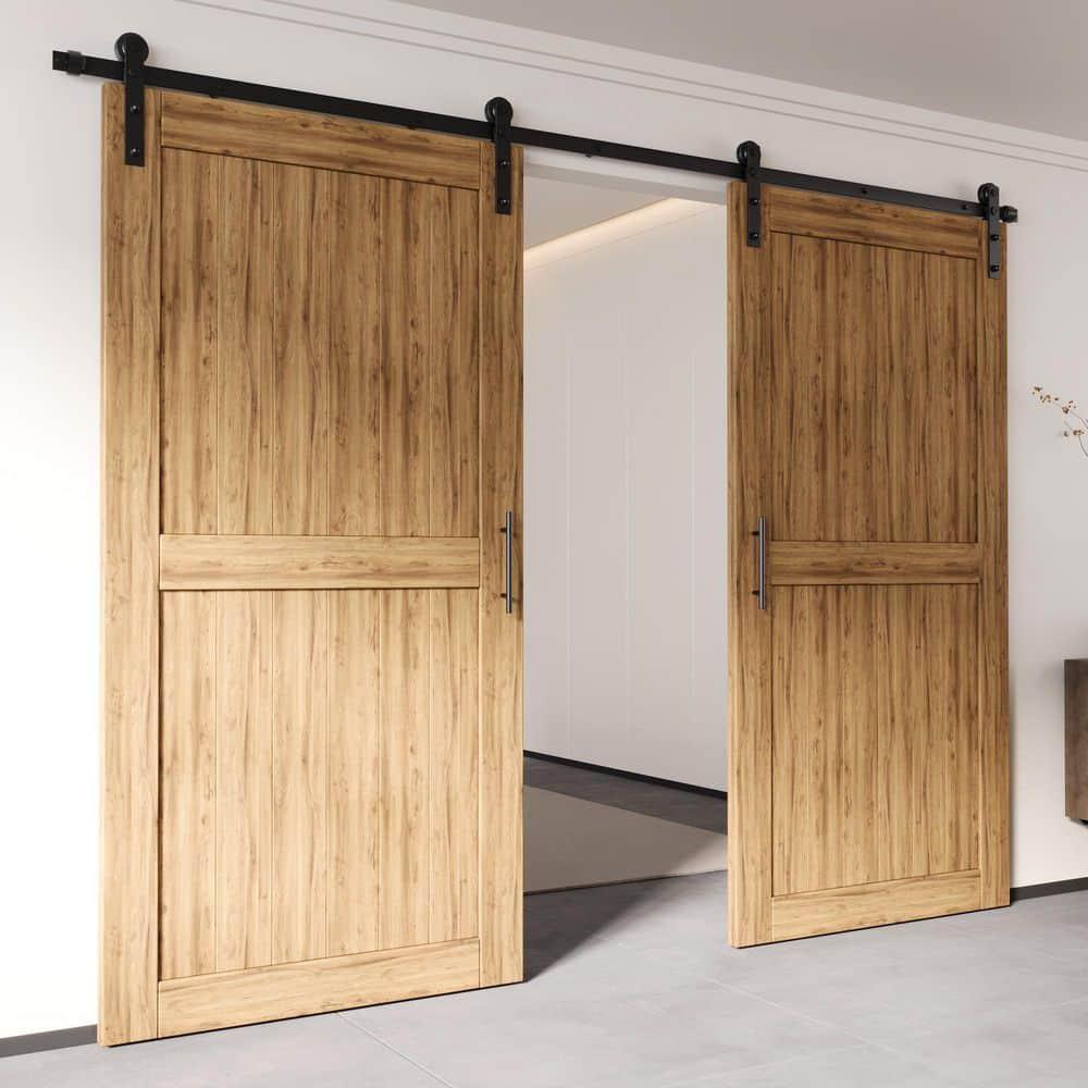 Homacer Black Rustic Sliding Barn Door Hardware Kit, for Two/Double Doors, 14ft Long Flat Track, Straight Design Roller, Heavy Duty, for Interior & Exterior Use