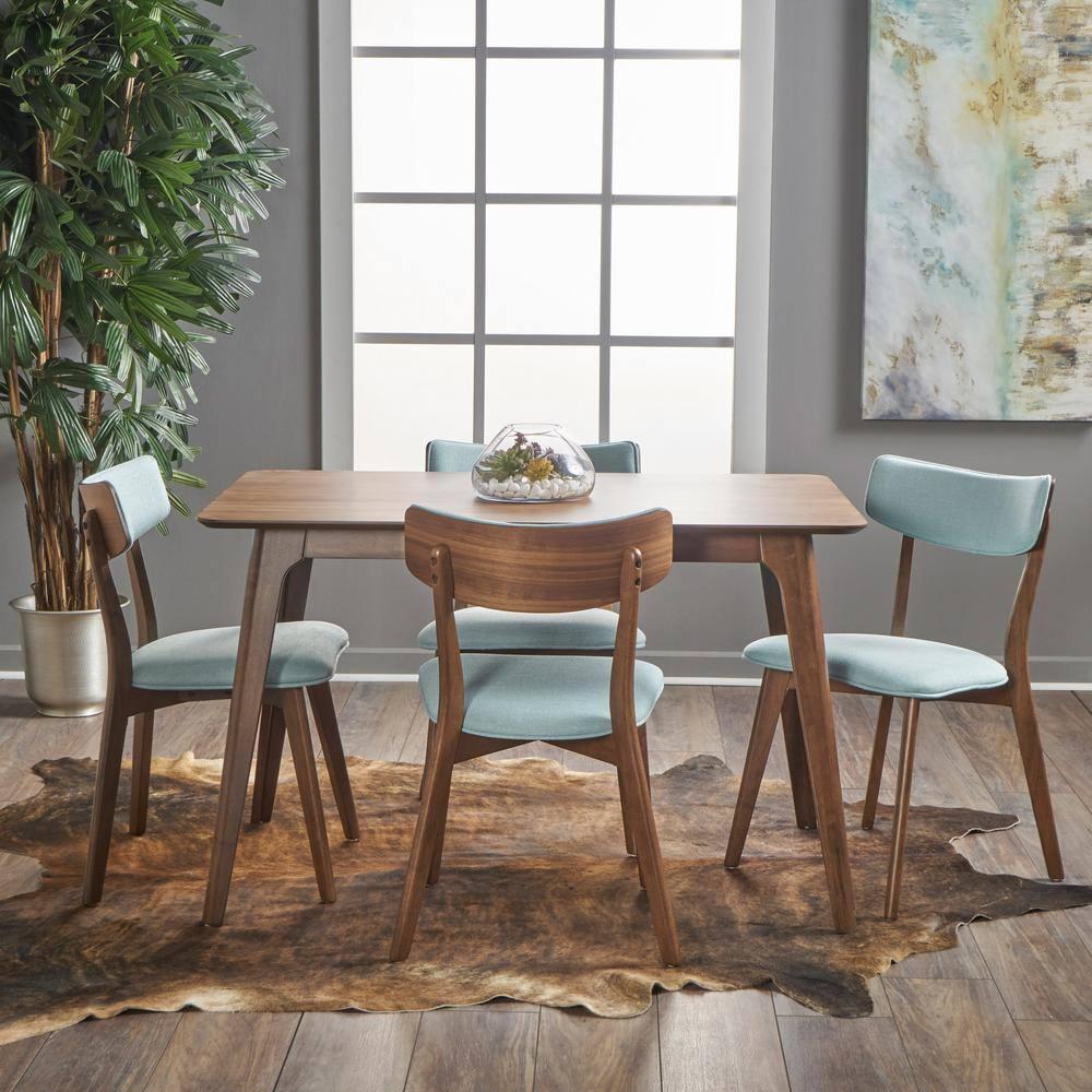 Christopher Knight Home 5pc Megann Mid Century Wood Dining Set Walnut/Mint: Polyester Upholstered Chairs, Rectangular Table