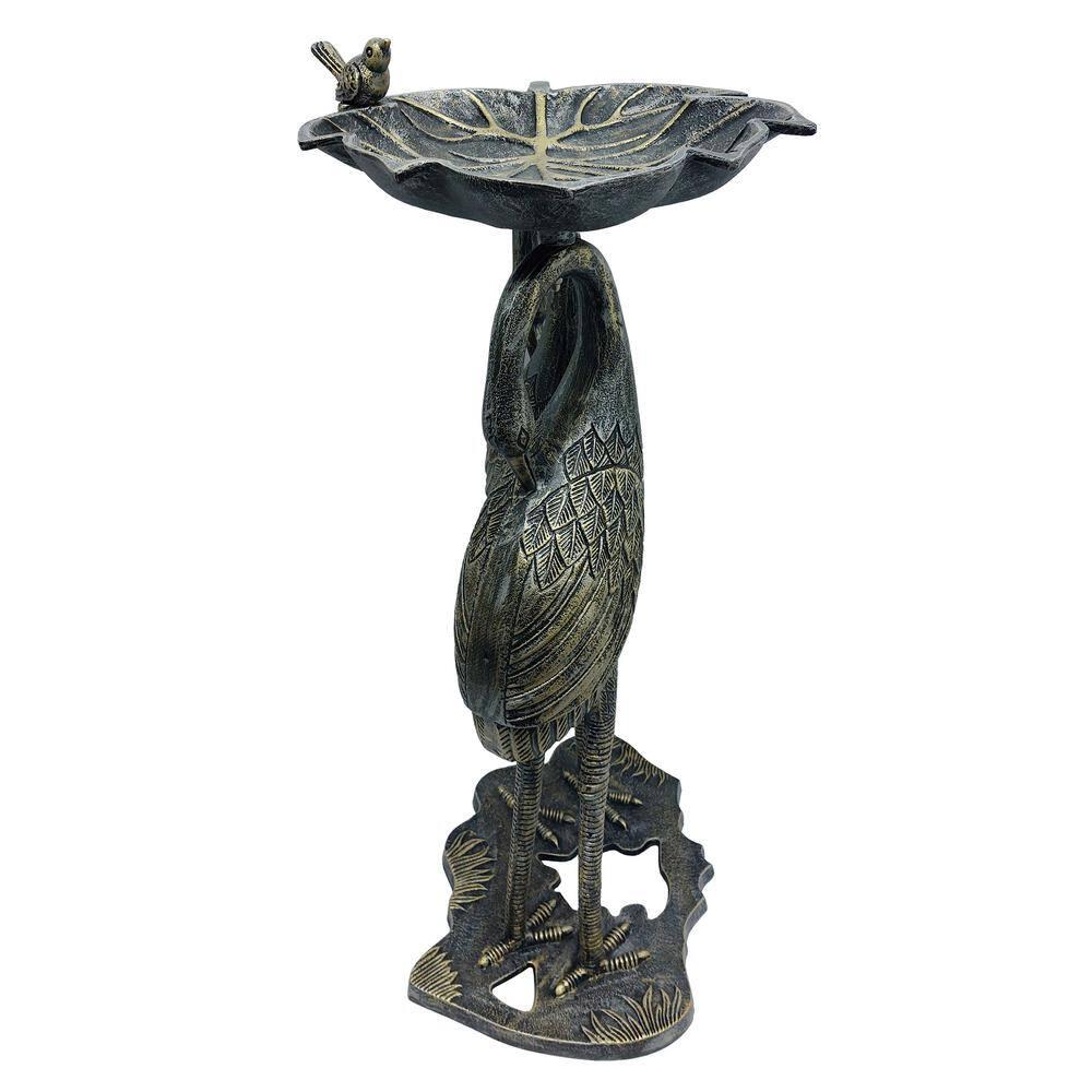 Oakland Living Cast Aluminum 30-in Twin Crane Silver Gold Bird Bath with Leaf Bowl
