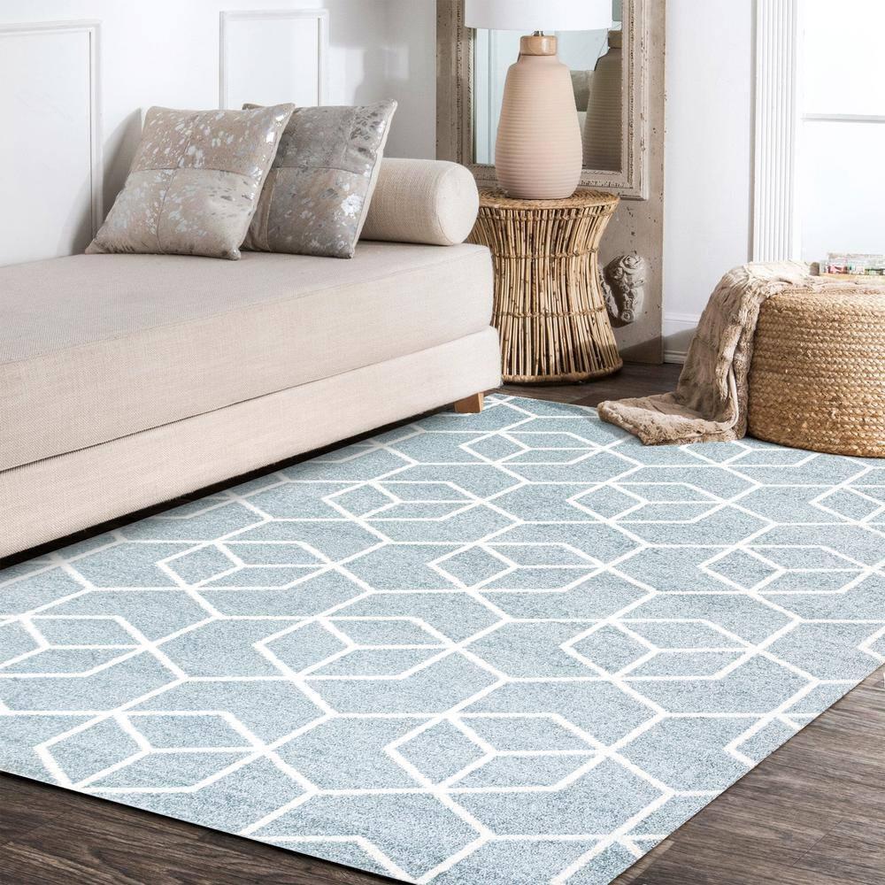 4'x6' Tumbling Blocks Modern Geometric Area Rug, Light Blue/White - JONATHAN Y