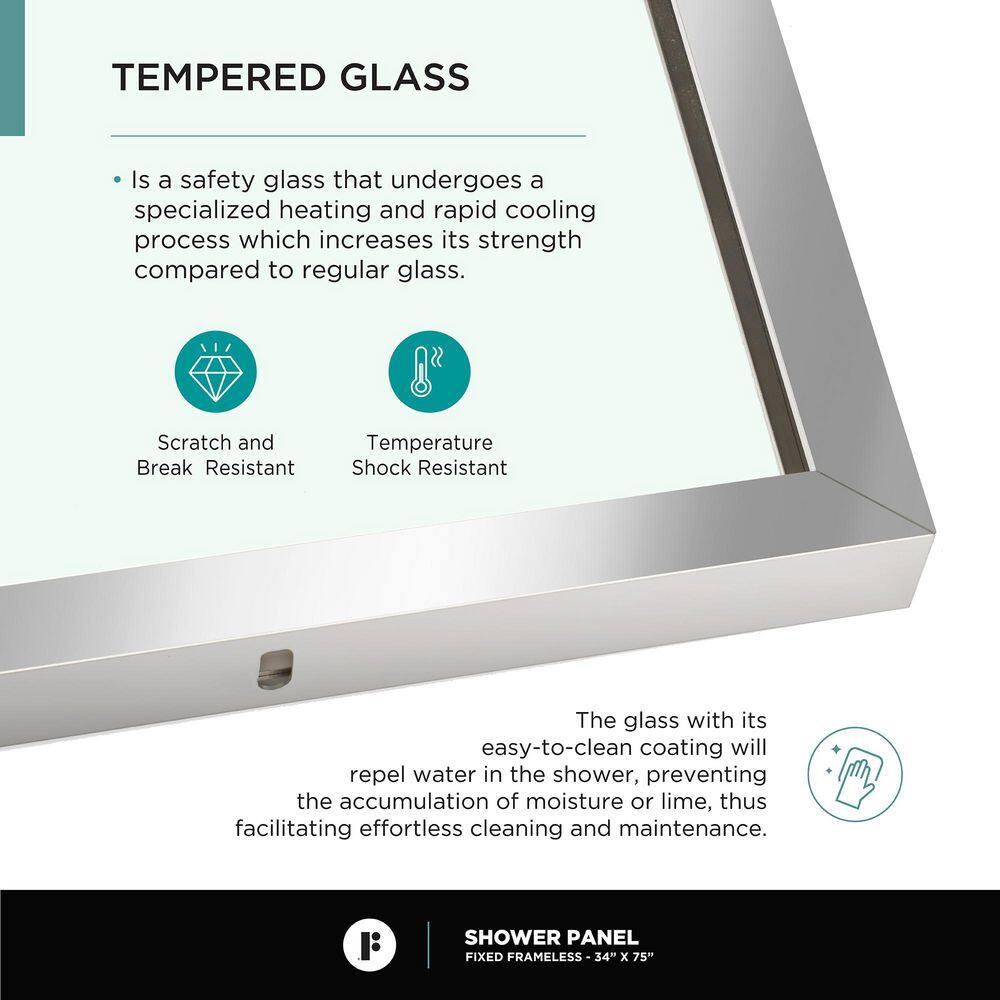 34'' W x 74.25'' H Semi-Frameless Fixed Glass Panel