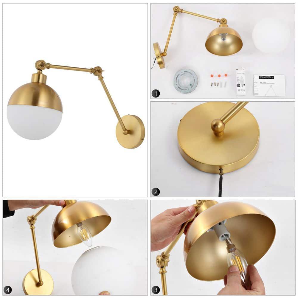 Alba 8" 1-Light Mid-Century Modern Arm-Adjustable Iron/Glass LED Sconce, Brass Gold/Frosted