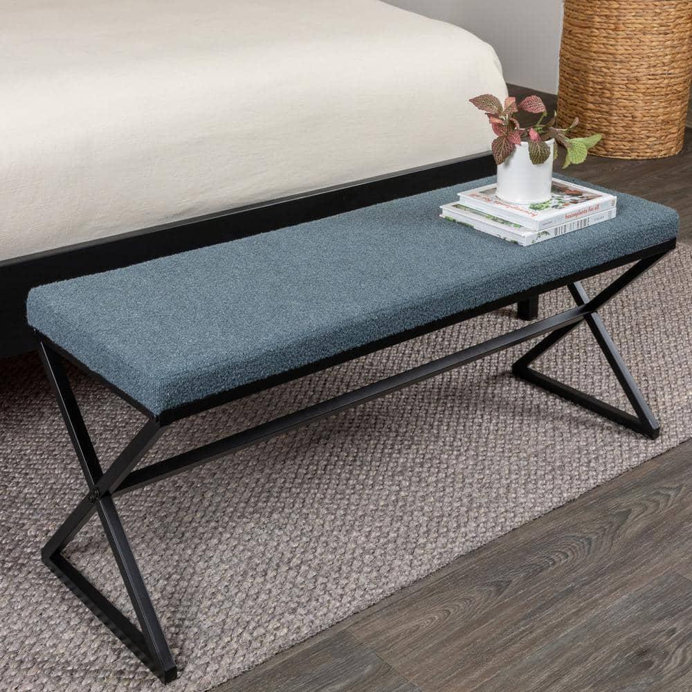 Household Essentials Harper Metal Bench with Boucle Upholstered Cushion, Blue-Grey and Black