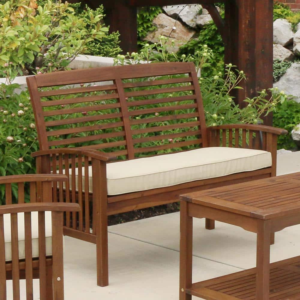 Walker Edison Rendezvous Modern Solid Acacia Wood Patio Loveseat with Cushions, 47 Inch, Dark Brown
