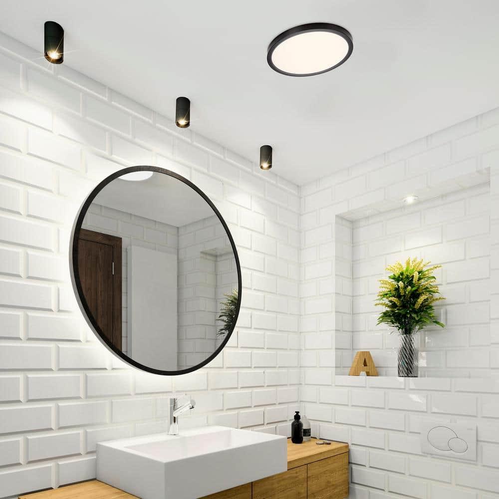 Maxxima 14 in. LED Flush Mount Ceiling Light, 5 CCT 2700K-5000K, 2400 Lumens, Traditional Indoor Black Trim Round Panel Light, Dimmable