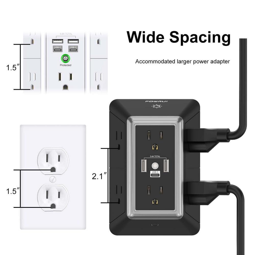 Outlet Extender Power Strip, POWRUI 6 AC Surge Protector Outlets with 3 USB Ports (1 USB C) and Night Light, 3-Sided Multi Plug Wall Outlet with Spaced Outlets - Black, ETL Listed