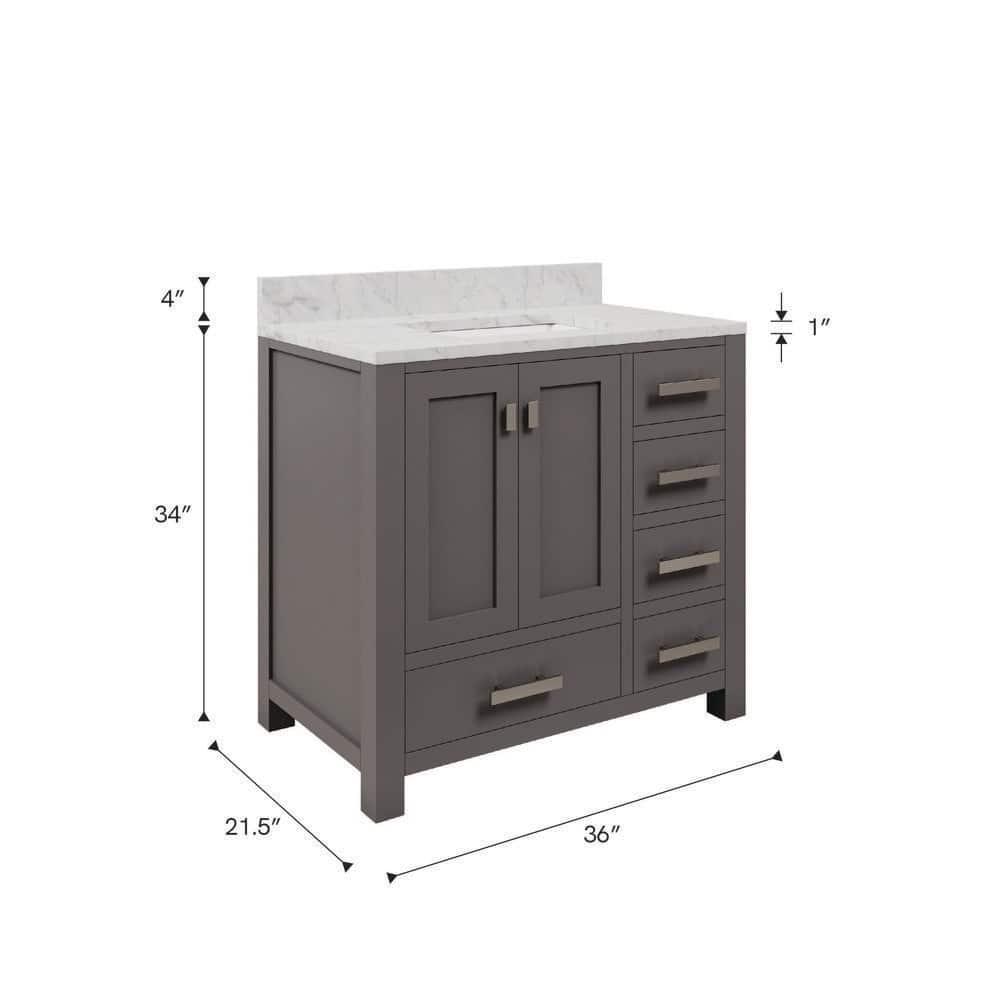 Madison 36 in. W x 21.5 in. D x 34 in. H Single Sink Bath Vanity in Cashmere Grey with Carrara White Marble Top