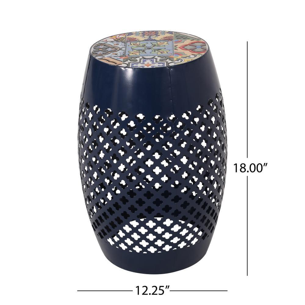 GDF Studio Kalyse Outdoor Lace Cut Side Table with Tile Top, Dark Blue and Multicolored