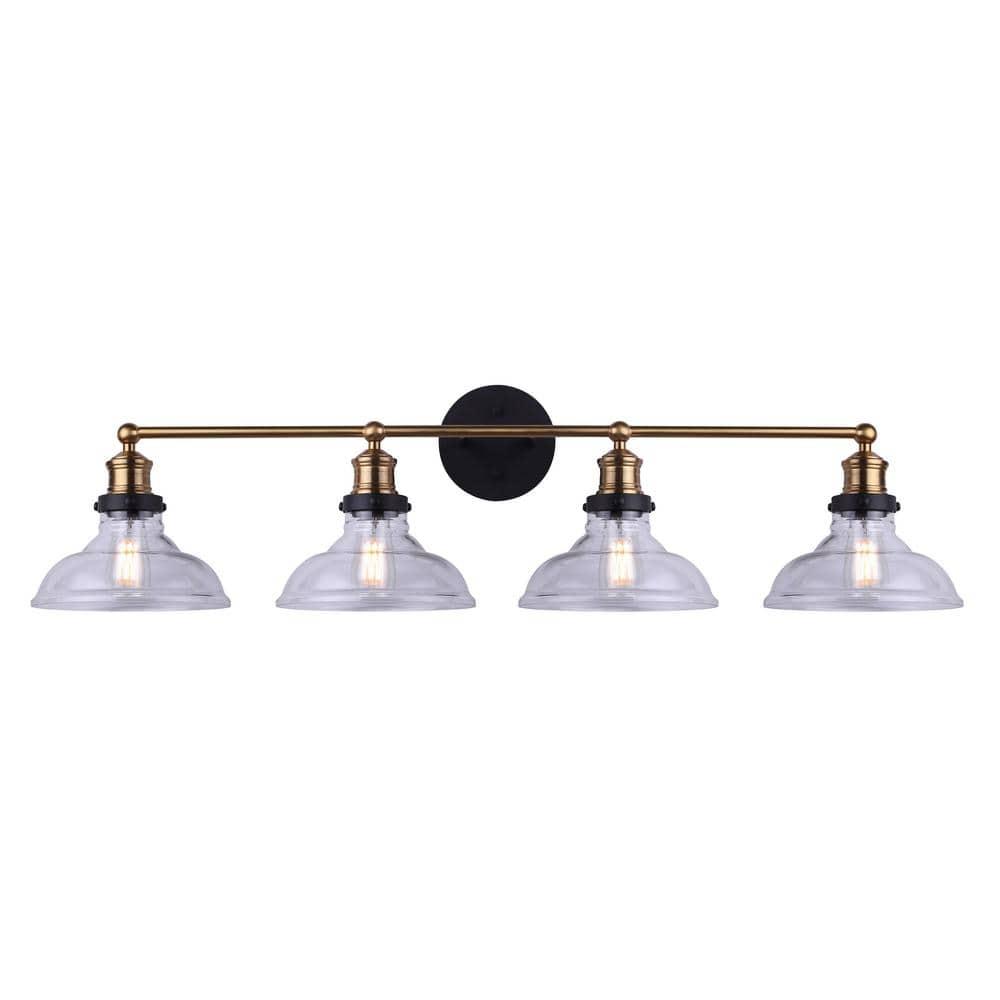 LORA Modern Farmhouse Vanity Light – 4-Light Industrial Bathroom Fixture, Matte Black & Gold Finish, Clear Glass Shades, 100W Type A, 38.5" Wide Over Mirror Wall Sconce